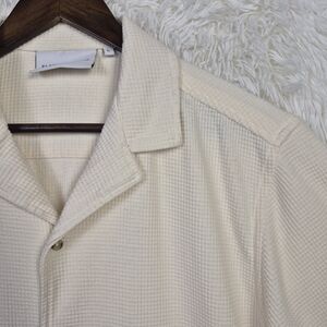 Plenum Sutdio Waffle Knit Cream Camp Collar Button Up Shirt Mens L Resort